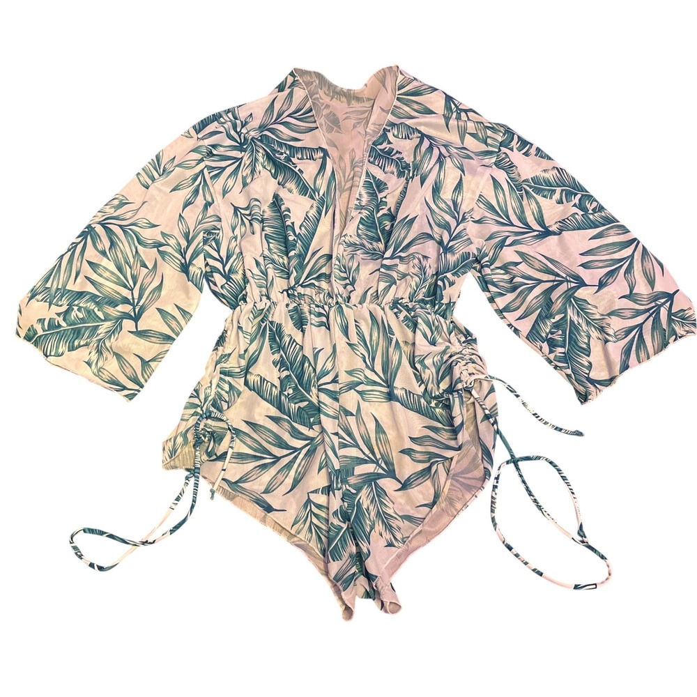 Tropical Palm Leaf Semi Sheer Mesh Swim Cover Up Romper Green Cream Size S